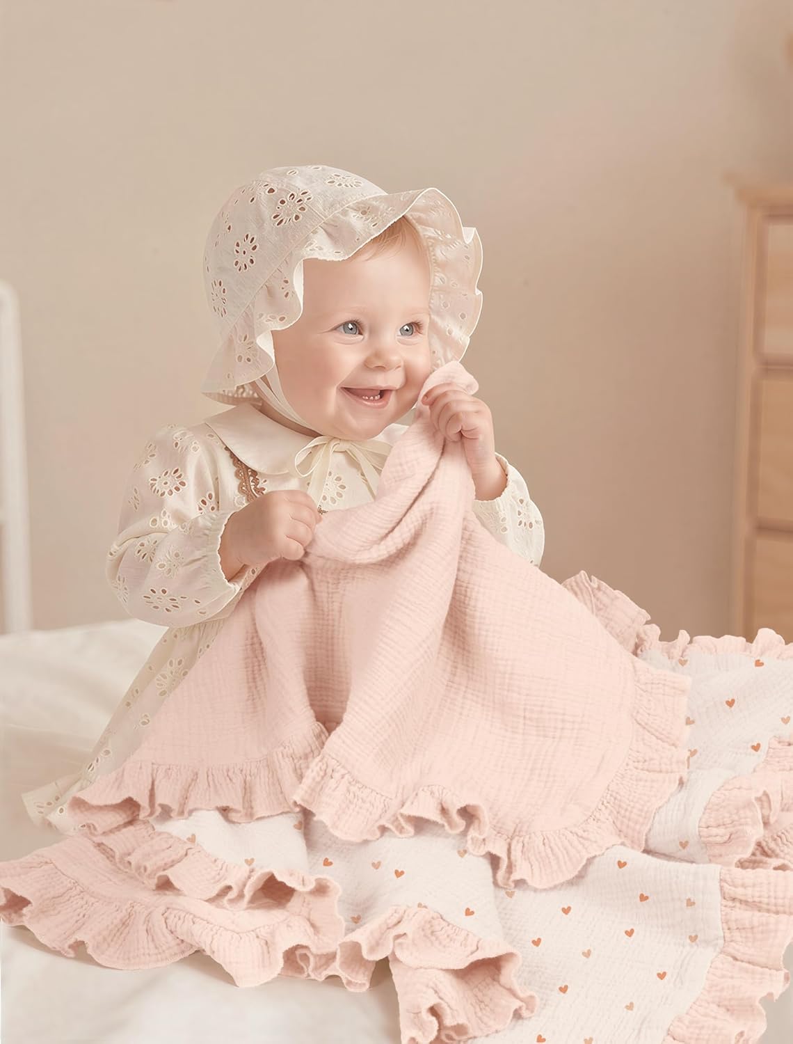 Muslin Ruffle Baby Blanket - Soft Breathable 100% Cotton Newborn Wrap, 40" x 36", Pink Heart - photo 2