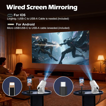 Mini projector, with wired screen sync 4K 1080P portable projector 180° rotation. 17-130" screen video projector. Compatible with smartphones, laptops.