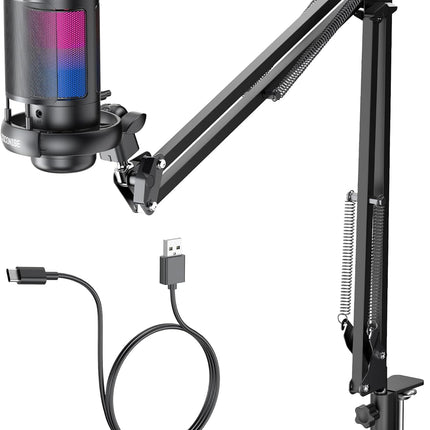 Gaming Microphone, USB PC Mic for Podcasts Videos, Streaming, Condenser Mic with Quick Mute, Tripod Stand, Pop Filter, RGB Indicator, Shock Mount, Rotate gain button, Compatible with PS4/5/PC