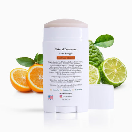 Extra Strength Tallow Deodorant, Aluminum-Free, Baking Soda Formula, Stick Deodorant for Men and Women, Sweet Orange and Bergamot Scent, 3 oz