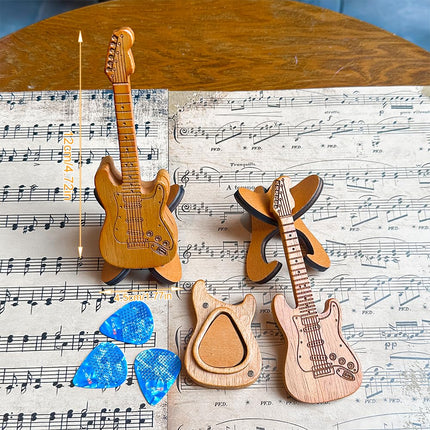 Wooden Guitar Pick Holder with Stand, Wooden Electric Guitar Styling Box with 3 Wood Picks and 3 Non-slip Celluloid Guitar Picks, Guitar Pick Storage Box Set for Guitar, Bass, Ukulele Players