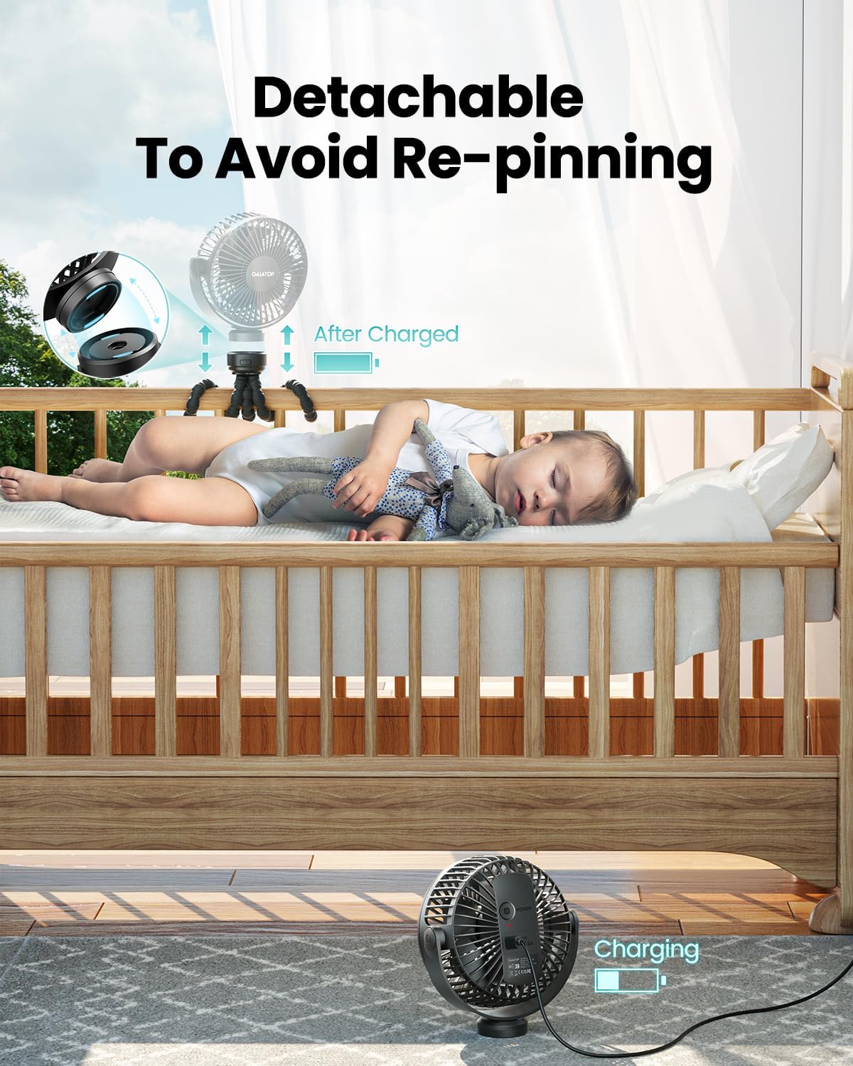 Mini Portable Stroller Fan with Clip-On Tripod, Rechargeable 3-Speed, Black - photo 4