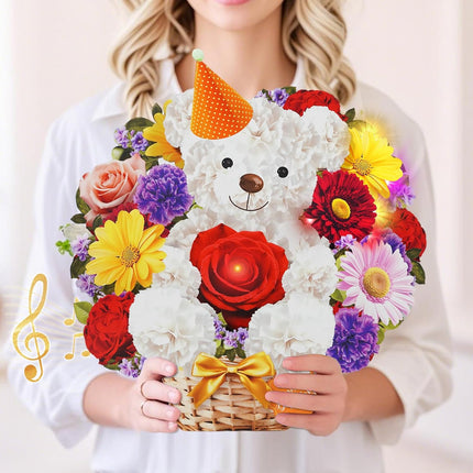 MZD8391 Birthday Cards with MUSIC & LIGHTS, Happy Birthday Card, Bear & Daisy, 10 Inch Life Sized Forever Flower Bouquet 3D Pop Up Greeting Card for Wife Mom Daughter Grandma Women
