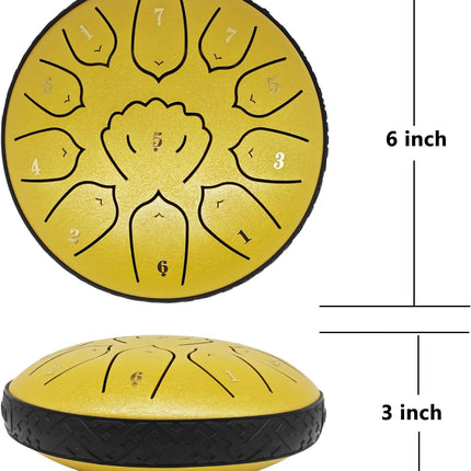 6 Inch 11 Note Hand-Tuned Steel Tongue Drum with Soothing Sound, Rain Drum for Outside & Garden, Percussion Instrument for Meditation, Yoga, Relaxation, Gift for Adults & Beginners, Sunlit Gold