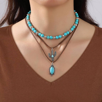 Western Jewelry for Women - Boho Turquoise Jewelry Set with Turquoise Necklace, Earrings, Bracelet & Rings