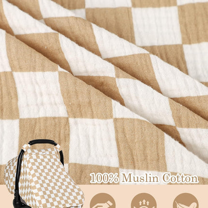 DILIMI Car Seat Covers for Babies, Muslin Cotton Baby Car Seat Cover with Breathable Mesh Window, Summer Infant Car Seat Canopy for Boys Girls Newborn, Brown Plaid
