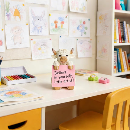 Highland Cow Pop-up Sticky Note Dispenser, Includes 1 Pad of 3x3 in Super Sticky Notes, 100 Sheets, Resin Cute Handmade Desk Holder for Office & Home-Beige