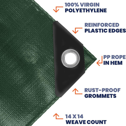 Tarpco Safety Extra Heavy Duty 14 Mil Tarp Cover, Waterproof, UV Resistant, Rip and Tear Proof, Poly Tarpaulin with Reinforced Edges for Roof, Camping, Patio, Pool, Boat (Green/Black 12′ X 12′)