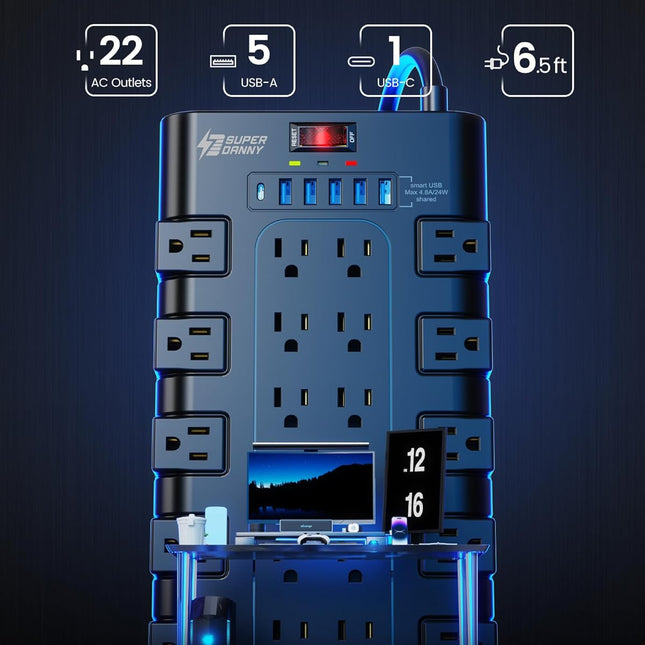 Power Strip, Surge Protector with 22 AC Outlets and 6 USB