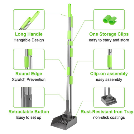 Non-Breakable Pooper Scooper, Dog Pooper Scooper Tray & Rake Set with Adjustable Stainless Steel Long Handle for Large Medium Small Dogs (Green)