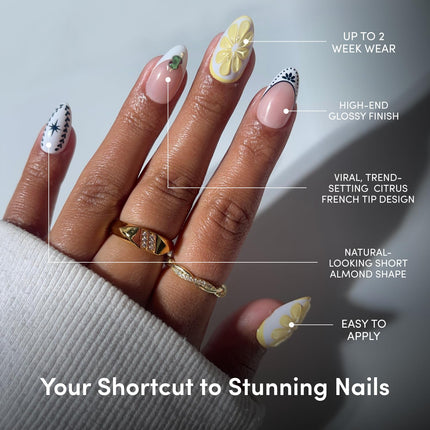 Glamnetic Press On Nails - Aperitivo Hour | Short Almond Fake Nails in Bright Orange with Olives, Lemons & Ceramic Designs, Salon Quality, Summer Nails | 15 Sizes - 30 Nail Kit with Glue