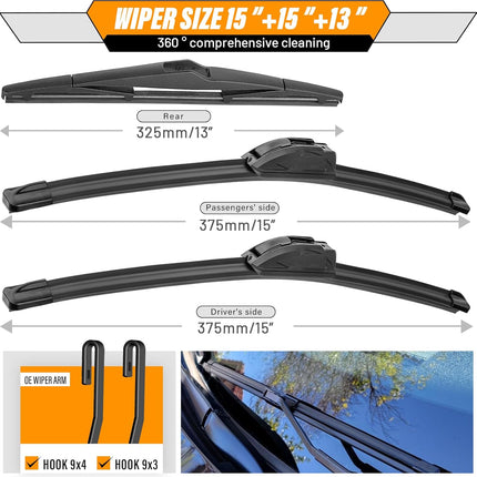 AUTOBOO 15"+15" Windshield Wipers with 13 Inch Rear Wiper Blade Replacement for Jeep wrangler JK 2008-2018,Jeep wrangler 2007-2017-Original Factory Quality (Pack of 3)
