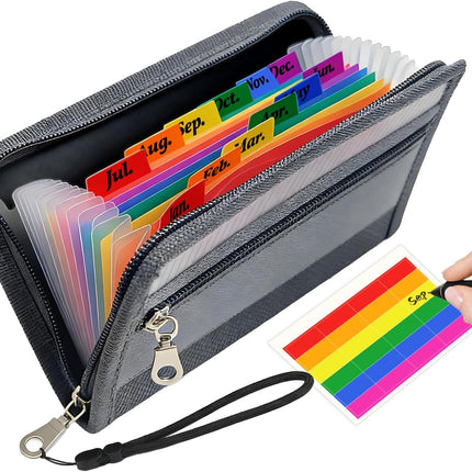 Portable Receipt Organizer & Coupon Holder, 12 Pockets Accordion Expanding File with Adjustable Wrist Strap, Zipper Closure Budget Organizer for Bills & Expense Tracking