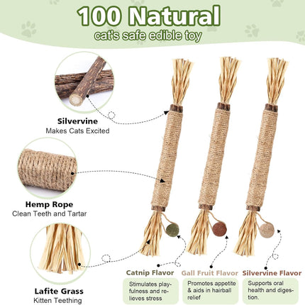 WOUSEDO 7 Pack Silvervine Sticks Cat Toy for Cats with Catnip & Matatabi Ball, Natural Chew Toys for Anxiety Relief & Dental Care, Teeth Cleaning Sticks for Indoor Cats & Kittens