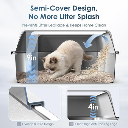 Suzzipaws Stainless Steel Litter Box with Lid, 17.3”×13.4”×9" Kitty Litter Box for Kittens & Small Pets, High Sides Metal Cat Litter Box for Leak Proof, Easy to Clean, Non-Stick, Odor Control