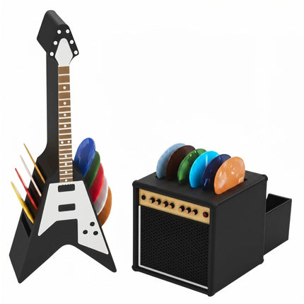 Guitar Picks Holder Box, Pick Display Holder, Amp Speaker Styled Pick Holder and V-Shaped Guitar Pick Holder, Pick Storage Box Set for Guitar Players and Music Enthusiasts