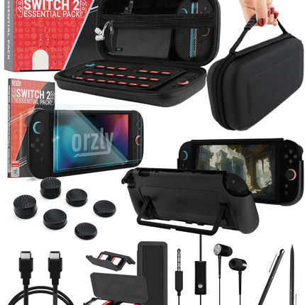 Orzly Switch 2 Accessories Bundle Carry Case & Screen Protector for Nintendo Switch 2 (2025) Console, TravelCase, Screen Protection, Grip Case, USB-C Cable, Games Holder, Headphones, Thumbgrips