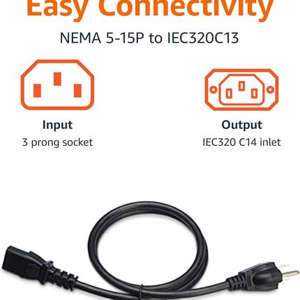 Amazon Basics PC Power Cord, 3 Feet, 3 Prong AC Power Cord for Monitor, Computer, TV, 18 AWG, 125 Volts, Black