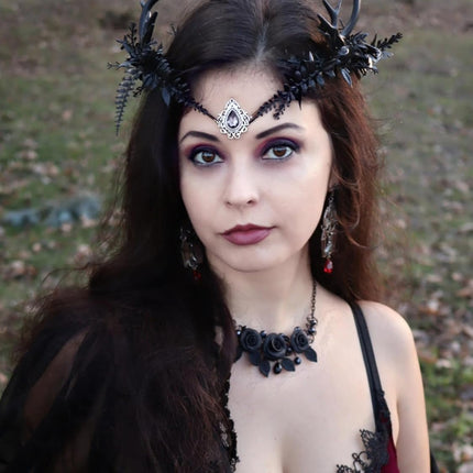 MOSTORY Black Flower Antler Crown - Dark Reindeer Headpiece Gothic Elf Circlet Deer Horns Headband for Women Cosplay Renaissance Goth Wedding Renfaire Accessory