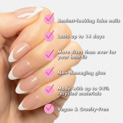 Olive & June Instant Mani Press-On Nails (Glue) | 42 Fake Nails, 21 Sizes | Non-Toxic, Long-Lasting Recycled Materials Realistic Look | Salon-Quality at Home | Medium, Almond | Iconic French