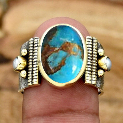 10x14 MM Oval Gemstone Solid 925 Sterling Silver Two Color 15MM Wide Band Ring with Tiny Freshwater Pearl Accents for Women Gift