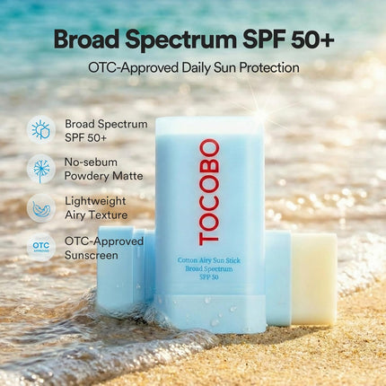Cotton Airy Sun Stick SPF 50 Broad Spectrum Korean Matte Sunscreen Stick for Face - Travel Size Sebum Control Sunblock -Vegan, Lightweight, Non-Sticky 0.67 oz