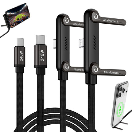 Invisible Holder Charger Cable, 240W PD Fast Charging Cable for Desk, USB-C to USB-C & USB to USB-C Cable 4.9 FT with 360° Adjustable Metal Stand, 2 in 1 Holder Charger for Gaming, Office, Home