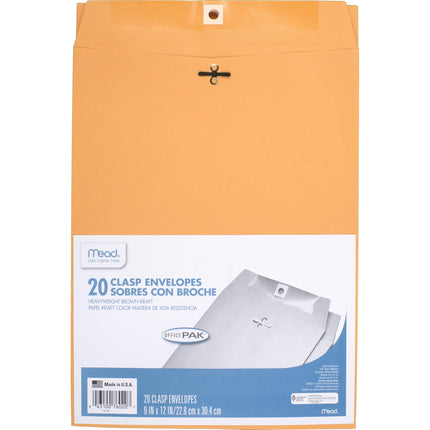 Sobres de envío, 9" x 12", cierre de lengüeta, papel kraft marrón para todo uso de 24-lb, 20 unidades (76020)