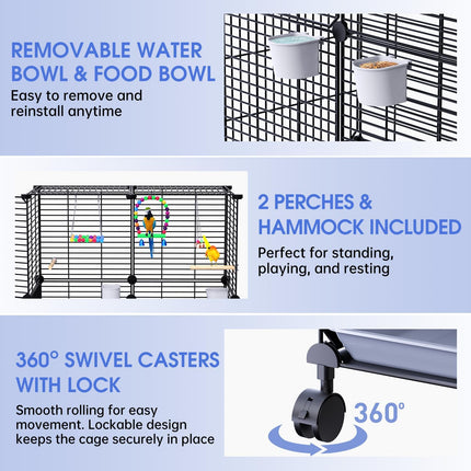 Flight Bird Cage with Wheels, 46-Inch Metal Parakeet Cage with Slide-Out Trays, Perches, Bowls & Bird Toys, Indoor Bird Cage for Cockatiel, Budgie, Lovebird, Finch & Small Birds