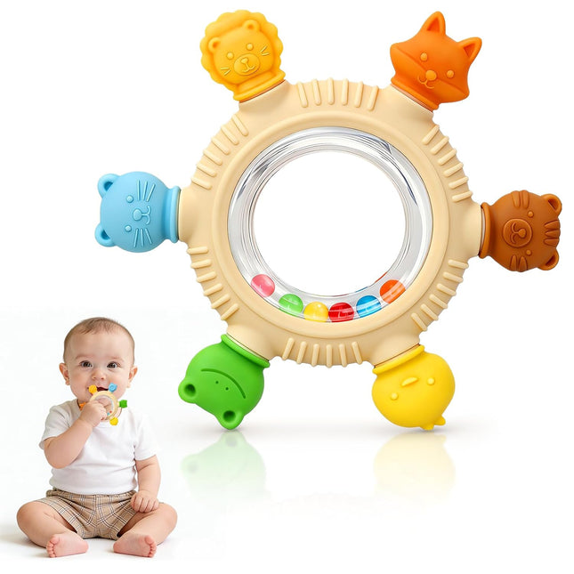 Baby Teething Toys for 3-6 6-12 Months, Silicone Baby Teether & Rattle