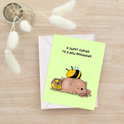 Graduation Card for Graduate Student College High School Grad Friend Family Son Daughter – Cute Funny Punny Greeting Card for Congratulations, New Job, Promotion, New Home – Blank Inside (A Sweet Ending To a New Beginning)
