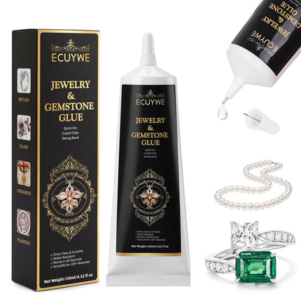 Jewelry Glue for Gemstones and Metal, 120ML Professional Grade Precise Applicator, Strong Instant Bond for Diamond Earrings, Rings, Watches Repair, Non-Yellowing & Dries Clear