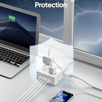 Surge Protector Power Strip 10 ft Cord, Olcorife Ultra Thin Flat Plug Extension Cord, 8 Outlets 4 USB Ports(1 USB C), Flat Plug Outlet Extender, College Dorm Room Essentials, White