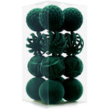 Christmas Balls, 16 Dark Green Flocked Ornaments for Tree Decor