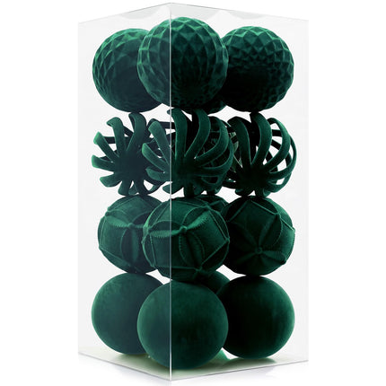 Christmas Balls, 16 Dark Green Flocked Ornaments for Tree Decor