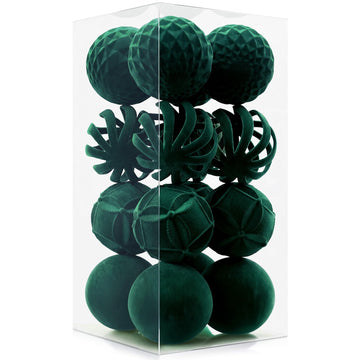 Christmas Balls, 16 Dark Green Flocked Ornaments for Tree Decor