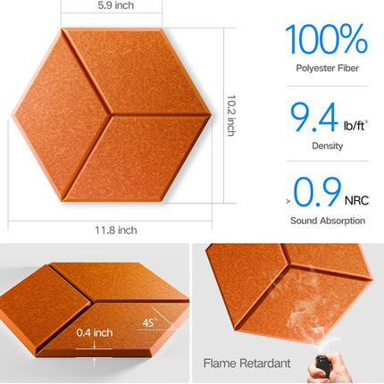 8 Pack Self-Adhesive Acoustic Panels 12" X 10" X 0.4" - Sound Proof Foam Panels for Wall with High Density, Y-Lined Design, Flame Resistant, Absorb Noise and Eliminate Echoes(Tangerine)