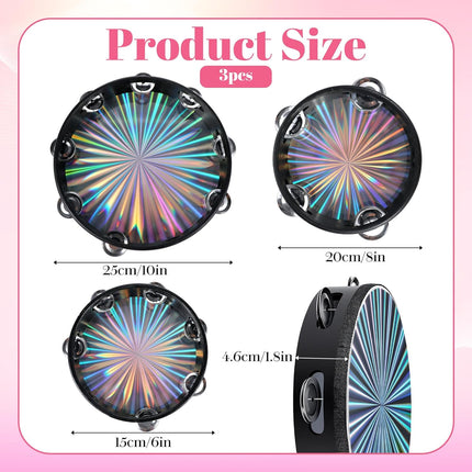 3 Pack Radiant Tambourine for Adults, 6", 8", 10" Sizes Wooden Tambourine with Double Row Metal Jingles, Reflective Hand Drums Tambourines Musical Instrument for Church, Dance, Party, KTV