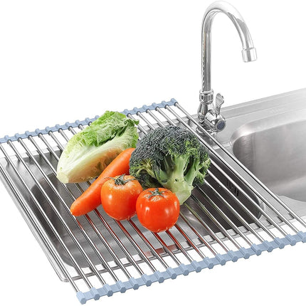 Escurridor enrollable para platos, escurridor sobre el fregadero, escurridor enrollable de cocina, tapete plegable de acero inoxidable para fregadero, 17.5x11.8