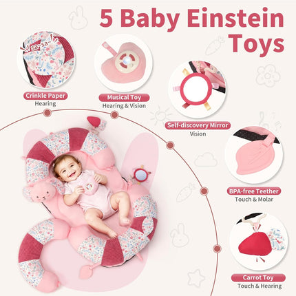 2-in-1 Tummy Time Mat & Seated Support Pillow with 5 Toys, Baby Floor Seat for Tummy Time & Early Sitting Support, Musical Stuffed Toys, Sensory Development Gifts for Newborn Babies