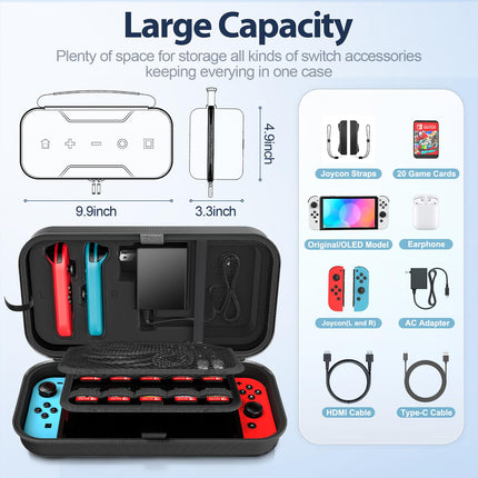 Switch Carrying Case Compatible with Nintendo & OLED, Portable Switch Travel Carry Case Fit for Joy-Con and Adapter, Hard Shell Protective OLED Pouch Bag with 20 Games, Black