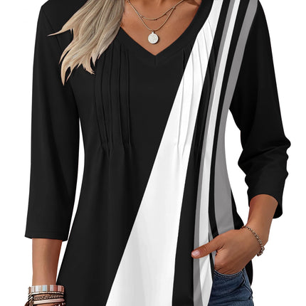 3/4 Length Sleeve Womens Tops V Neck Pleated Boho Floral Blouses
