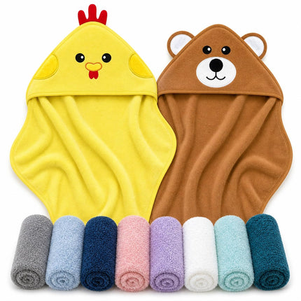 2 Pack Hooded Baby Towel Rayon Made from Bamboo and 8 Washcloths - Lovely Elephant, Happy Bird