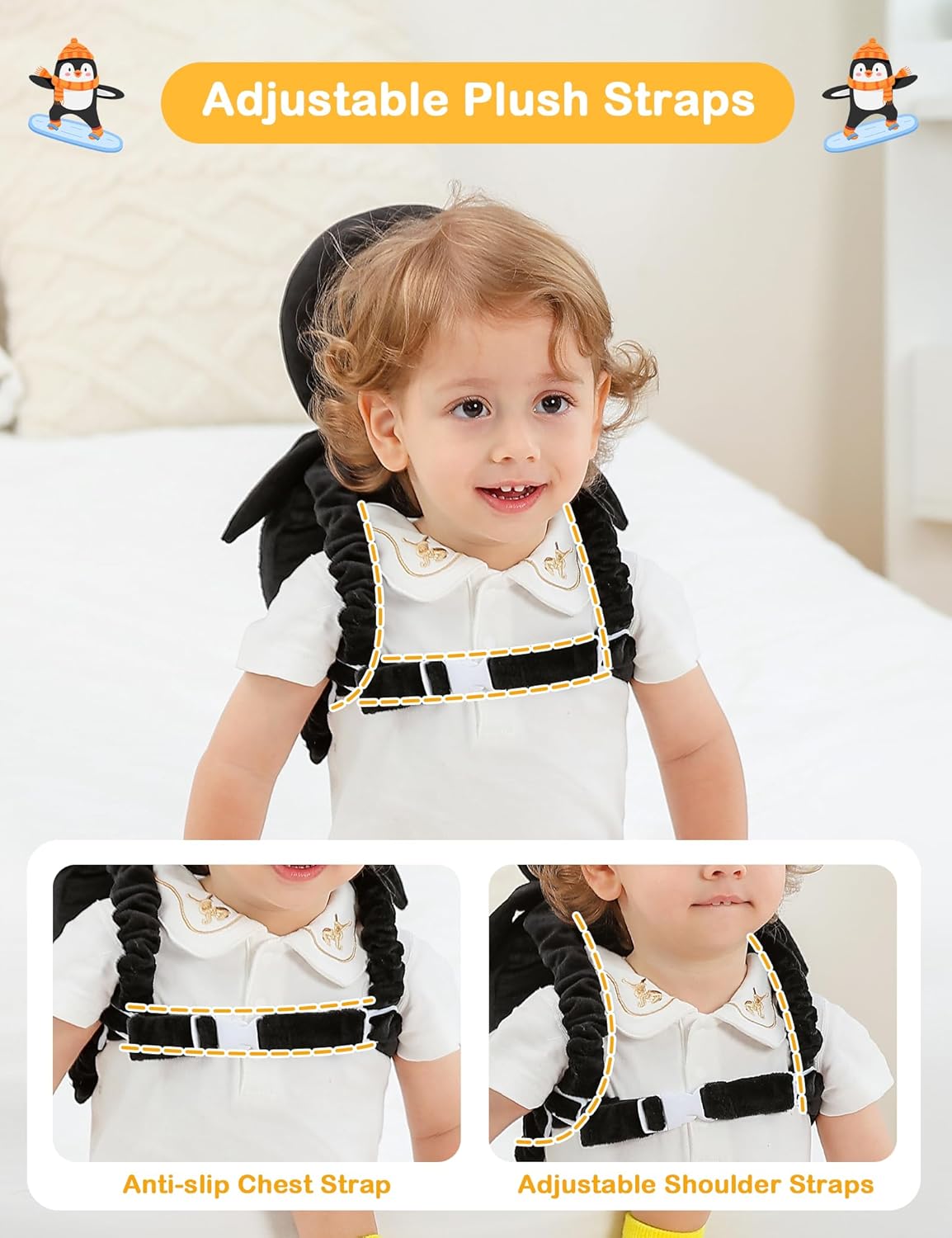 Baby Head Protector Backpack, Toddler Walking Fall Head Protection, White Black Penguin - photo 4