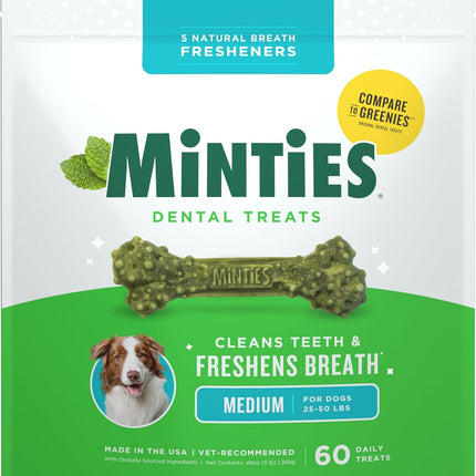 Minties Dog Dental Bone Treats, Dental Chews for Dogs 25-50 lbs, 60 Count, Brushing Chews Helps Clean Teeth and Freshen Bad Breath, Removes Plaque and Tartar, Veterinarian Recommended