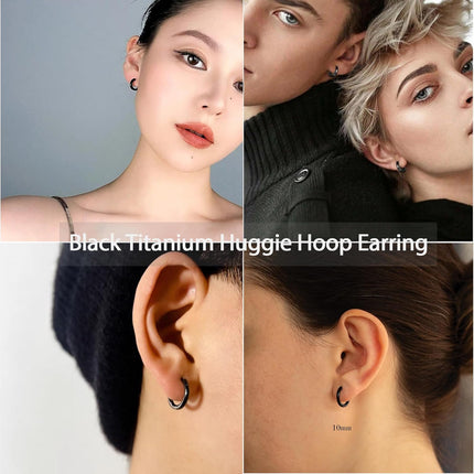 Hypoallergenic Titanium Hoop Earrings for Women&Men-8mm 10mm 12mm Small Silver Gold Black Huggie Hoops,Cartilage&Helix Sleeper Earrings for Sensitive Skin
