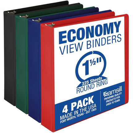 Samsill 1.5 Inch 3 Ring Binders, Economy Round Ring, Clear View Cover, 325 Sheet Capacity - for School, Home, Office - Assorted, 4 Pack