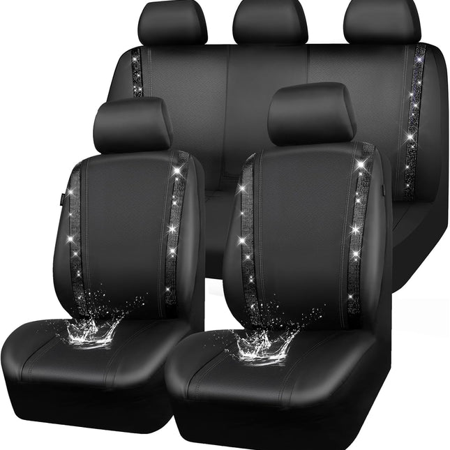 Leather Bling Diamond Car Seat Covers Full Set - Black Universal Fit