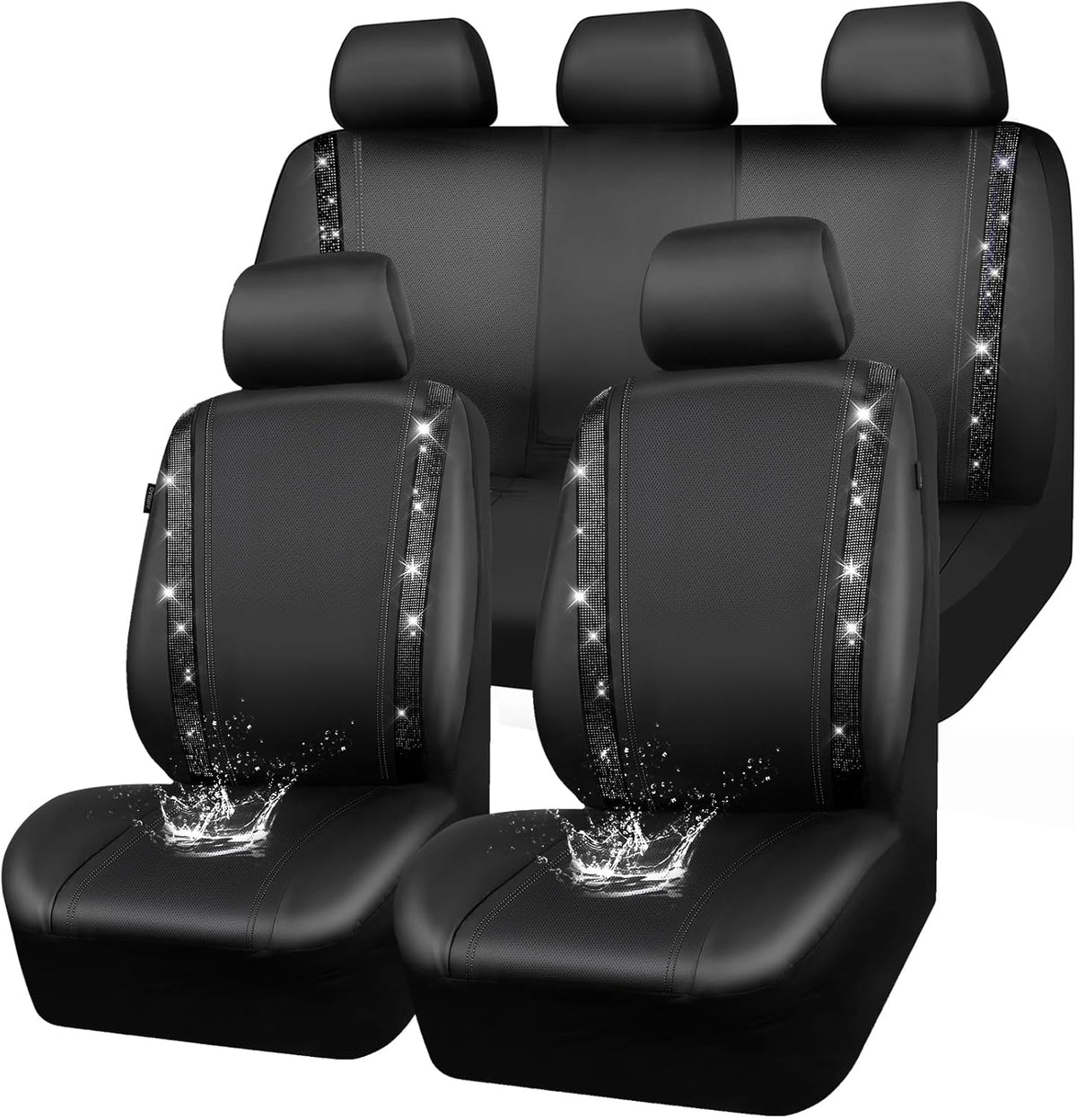 Leather Bling Diamond Car Seat Covers Full Set - Black Universal Fit