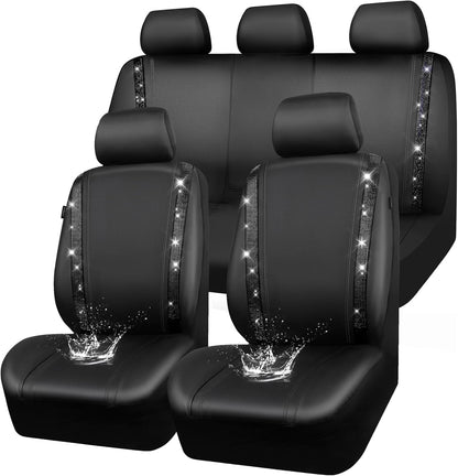 Leather Bling Diamond Car Seat Covers Full Set - Black Universal Fit